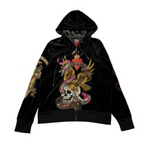 Ed Hardy New York City Velour Full Zip Hoodie Women's Large Y2K Skull Tattoo