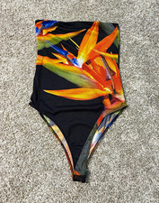 Zara Women s Black Orange Floral Mesh One-Piece bodysuit Size M