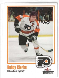 BOBBY CLARKE SIGNED 2002-03 FLEER THROWBACKS CARD AUTOGRAPH