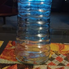Clear  Blue Ribbed Glass Cylinder Flower Vase, Decorative Freestanding