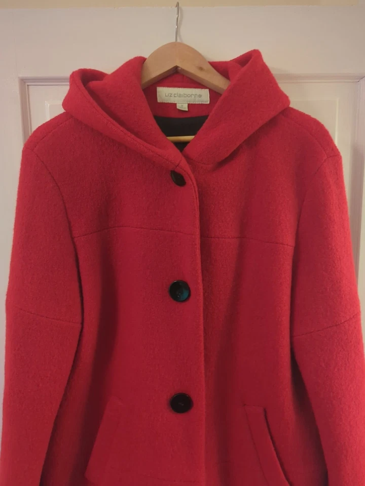 Abrigo vintage Y2K Liz Claiborne lana con capucha guisante talla 8 rojo tomate  Foto 3 de 4