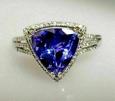 3Ct Trillion Cut Lab-Created Tanzanite Halo Wedding Ring 14K White Gold Plated