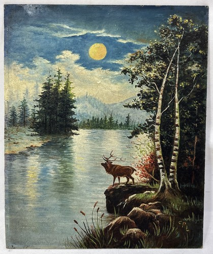 Antikes Original Bock Hirsch Landschaft Ölgemälde signiert CPL zierliche Miniatur - Bild 2 von 7