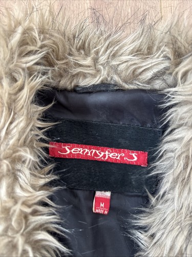 VTG Jennyfer J Shaggy Fur Trim Black Suede Leather Jacket Y2K Coat Penny Lane M - Bild 2 von 6