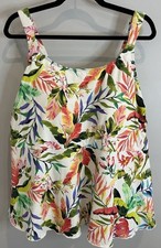 Lands End Adj Scoop Neck Flutter Tankini Top White Tropical Print 3X 24W 26W