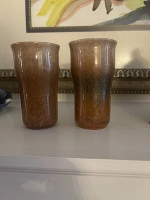 2 Brown Cream handmade stoneware tea cups ~4x2.3/8” - Image 1 of 4