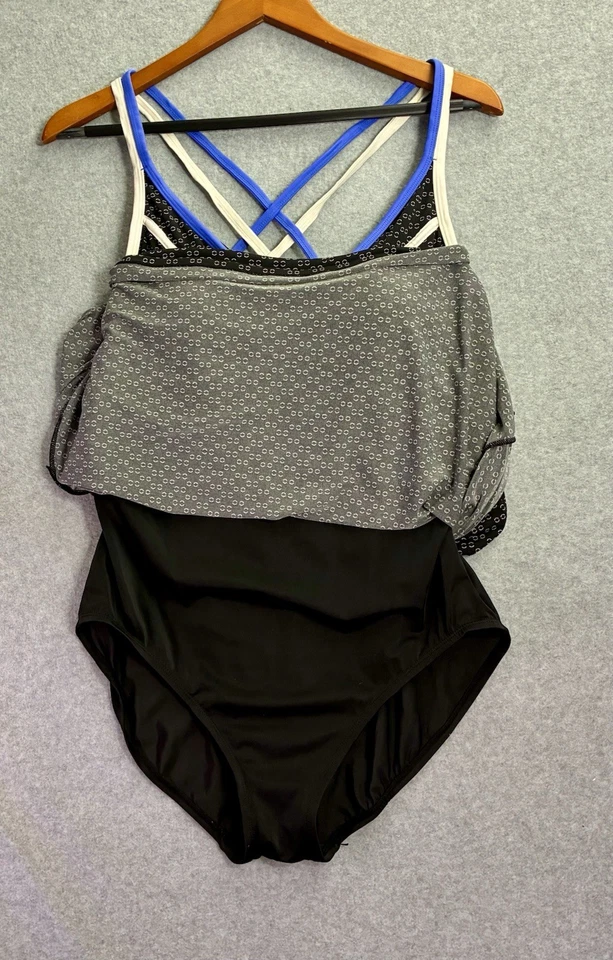 Catalina 女式 XL (16-18) 游泳裙黑色蓝色交叉背面连体衣 — 第 2/4 张图片