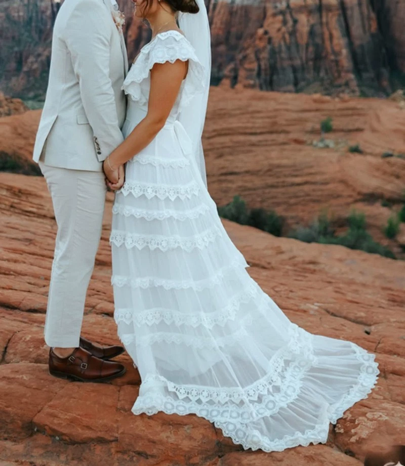 Boho Empire Square Neck Ruffles Beach Wedding Dresses Tiered Lace Bridal Gowns - Image 2 of 4