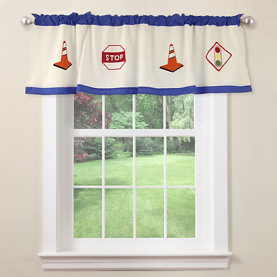 TRUCKS WORK ZONE WINDOW VALANCE : BOYS BLUE COTTON CONSTRUCTION TOPPER
