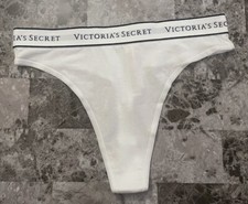 NWT VICTORIA'S SECRET WHITE BLACK THICK LOGO WAISTBAND HIGH WAIST THONG PANTIES