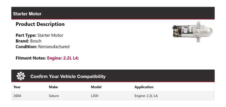 Arrancador Bosch Saturn L300 2004 2,2 L L4 (remanufacturado) Foto 2 de 4