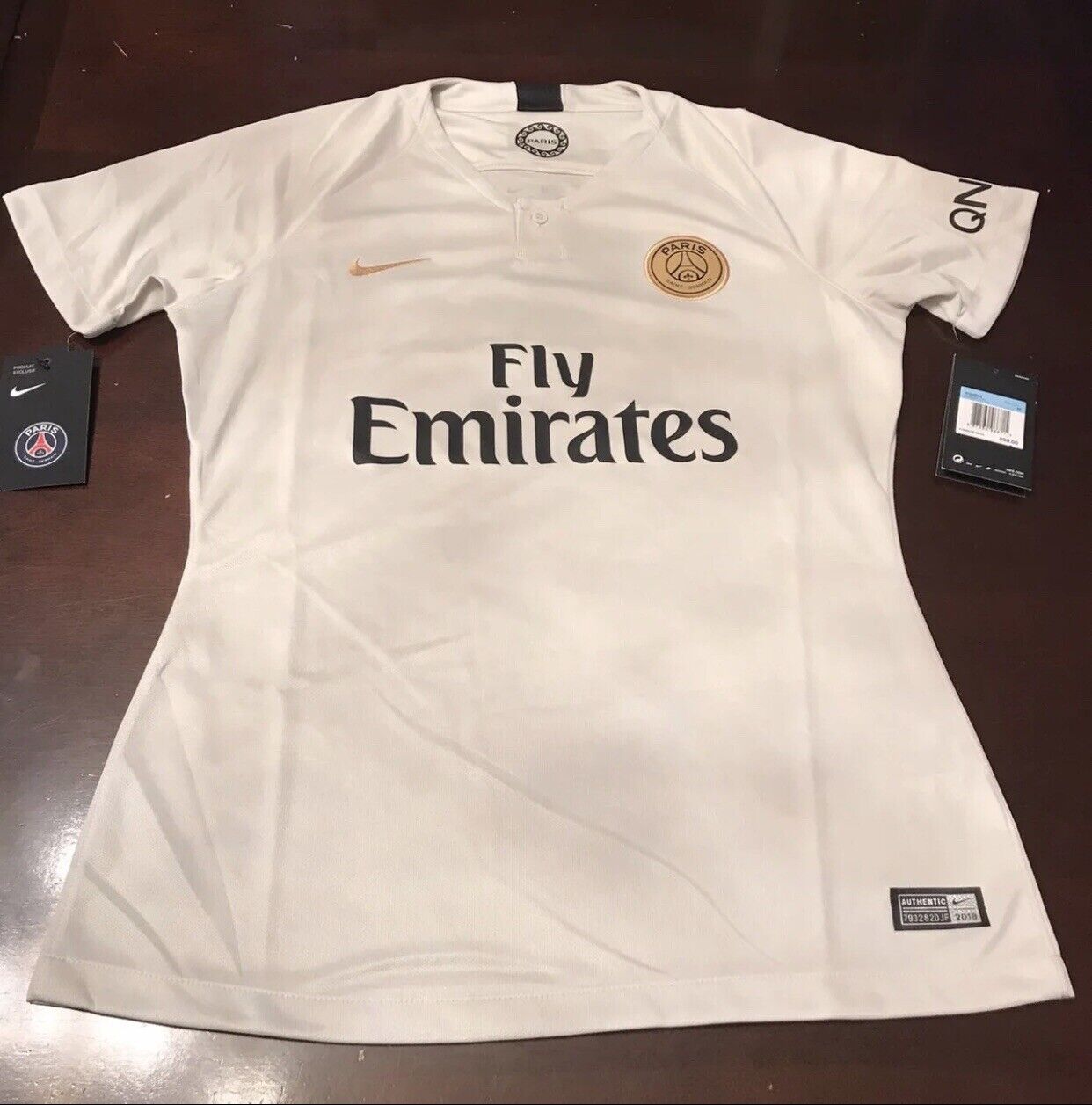 Fly Emirates Soccer Football Jersey Womens Tan Dri-Fit Paris Short Sleeve | eBay