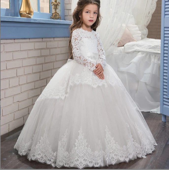 Long sleeve lace communion cheap dress