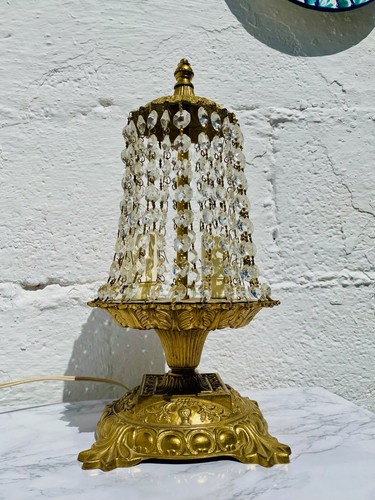 Lámpara de mesa vintage de 13", dorada, bronce, araña, cristal, francesa - Imagen 2 de 9