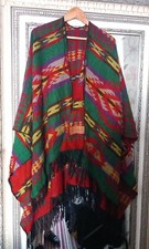 Kiboots Ladies Green Mix Wool Blend Aztec Southwestern Look Fringe Cape One Size