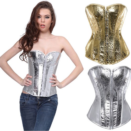 Corsetto Basco Cincher Lingerie Bustier Paillettes Lucido Oro Argento Corpo Shaper Osso - Foto 9 di 23