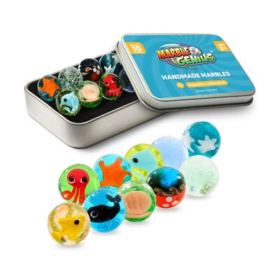 Marble Genius Collectors Marbles, Aquatic, 16mm (  Inch), 10 Handmade Glas