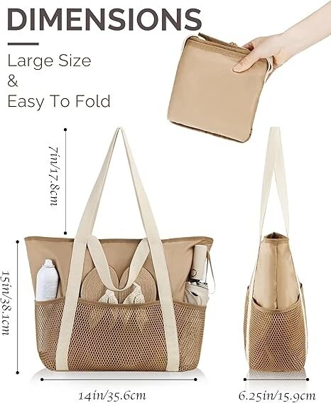 Bolso de Playa Grande Impermeable Plegable a Prueba de Arena para Mujer con Cremallera Malla P Foto 3 de 4