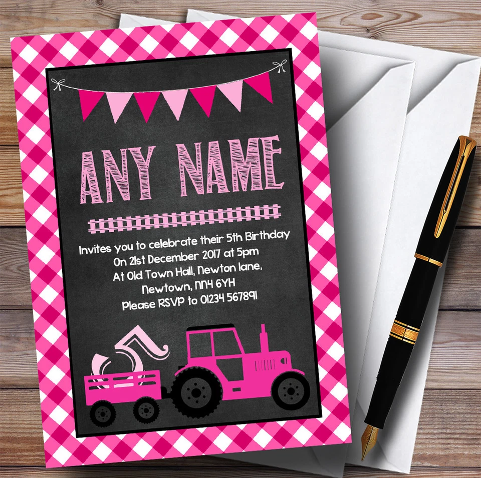THECARDZOO Pink Country Farm Tractor Childrens Birthday Party Invitations