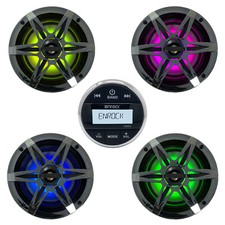 Enrock Gauge Style Wireless Receiver, 4x 6.5" Marine LED Speaker, Chrome Grilles