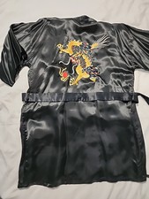 VTG Kimono Robe Unisex Black Dragon Embroidery Lounge Wear Belted EUC