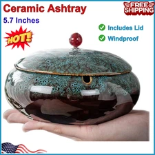 5.7" Ceramic Ashtray with Lids Windproof Cigarette Ashtray for Indoor or Outdoor