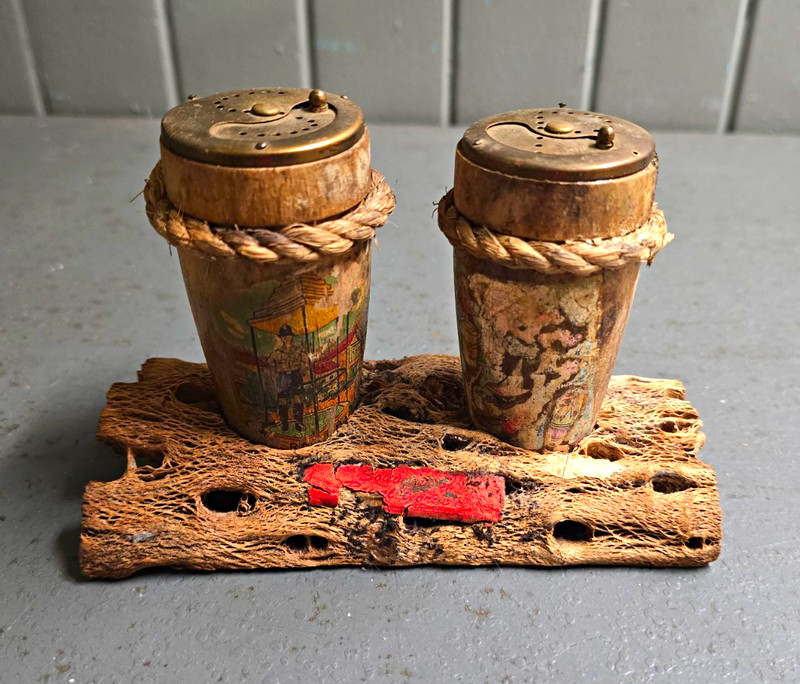 Rustic Brown Wood & Rope Salt & Pepper Shakers Set w/ Holder Stand, 3pc