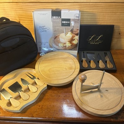 3 Set Cheese Serving Lot BOSKA Curler Lynn & Liana Knives Wood Board