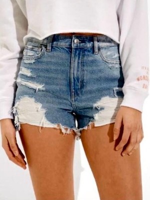 New AE 100% Cotton Destroyed Blue Denim Distressed High Rise Mom Short 0 New