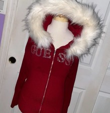 Guess Burgundy Guess zip up hoodie with silver rhinestone logo and white fur