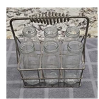 Vintage Clear Glass Milk Bottles with Metal Wire Carrier Caddy Basket