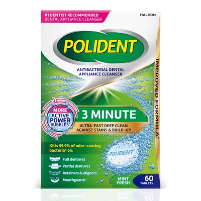 Polident 3 Minute Antibacterial Dental Appliance Cleanser Tablets, 60 Count