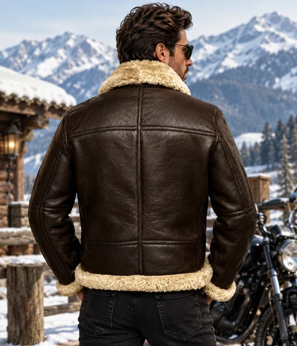 Men's B3 Shearling Bomber Jacket Black Brown Leather Aviator Pilot Winter Coat image 4