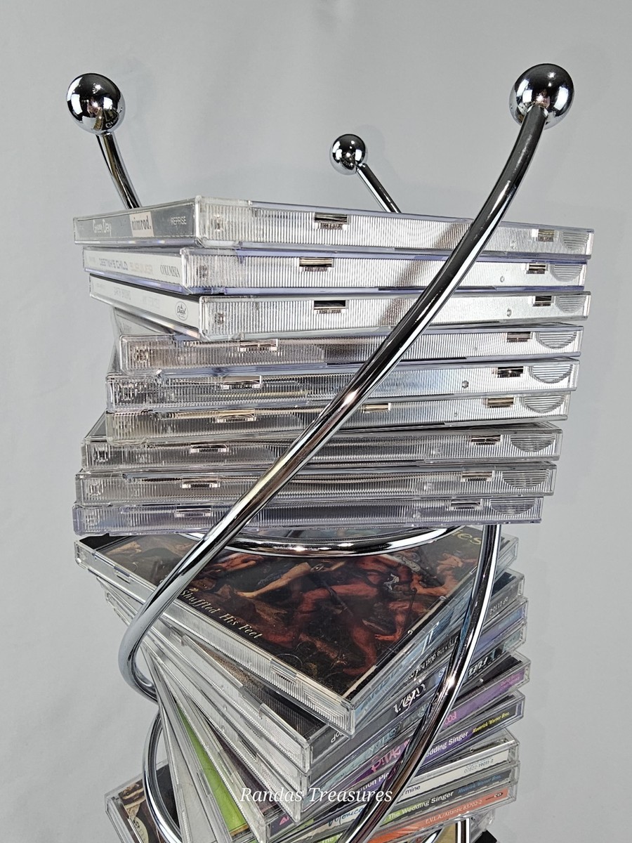 Vintage Chrome Spinning CD Rack Tower Black Base Holds over 40 CDs