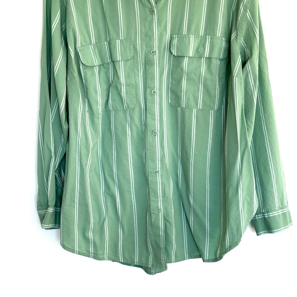 Camisa para mujer AVA & VIV 1x verde blanco a rayas manga larga bolsillos abotonados Top Foto 4 de 4