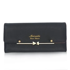 Women Cute Bowknot Wallet Trifold Large Capacity Long Purse Clutch Handbag Black