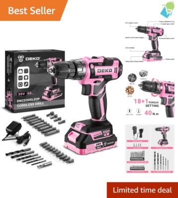 DEKO PRO Pink 20V Cordless Drill: Variable Speed Torque