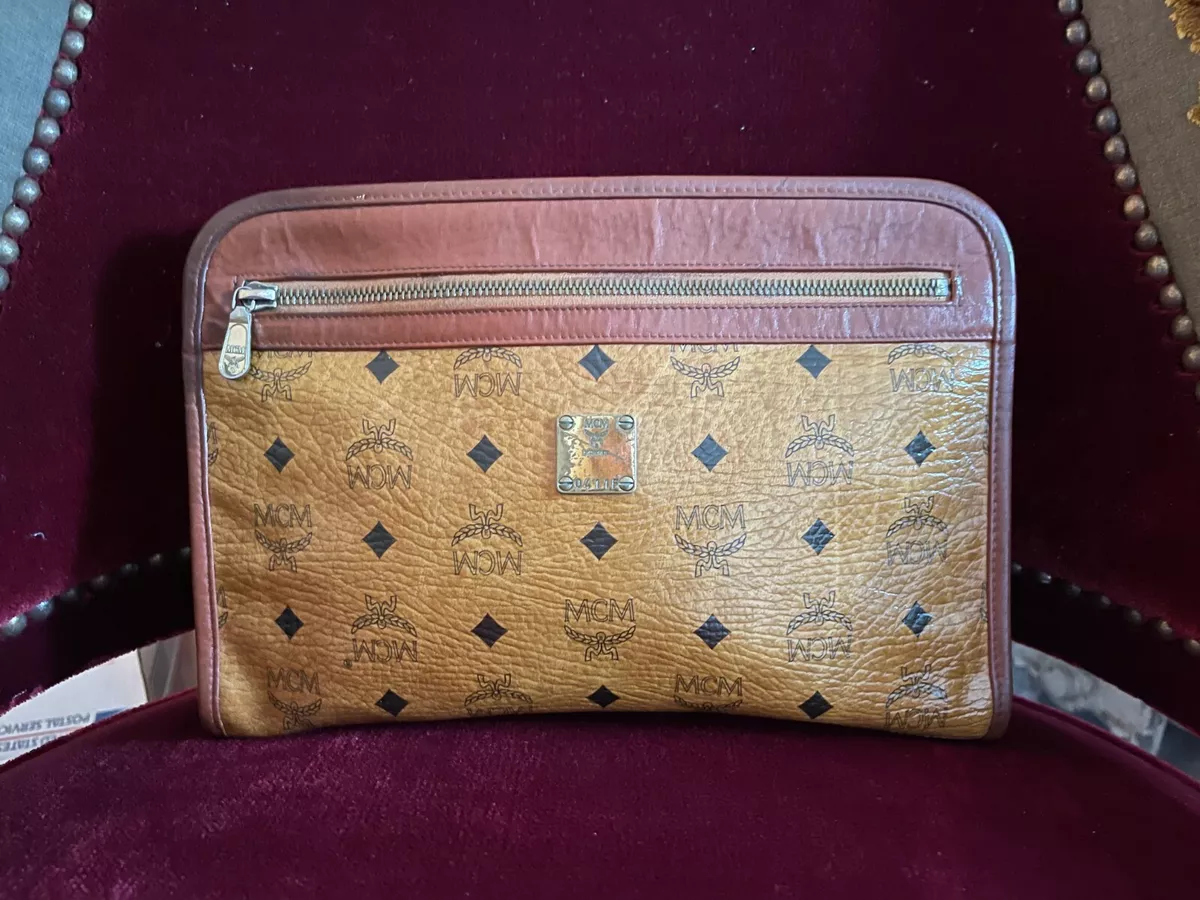 Authentic MCM Visetos Caramel and Tan Coated Canvas Zipper Clutch