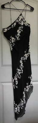Vintage SCALA 100% Silk Beaded Dress Black Floral Asymmetric Hem Prom Formal L.