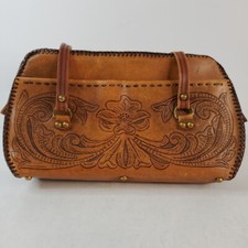 Vintage Leather Purse Hand Bag Hand Crafted Tooled Flower Design Etched