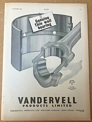1953 Flugzeugwerbung VANDERVELL PRODUCTS DÜNNWANDLAGER TECHNIK INDUSTRIE