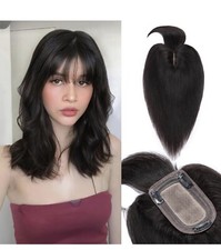 Black Human Hair Topper w/Bangs 7  13 CM Silk Base Clip 10 Inch 33g 1B black