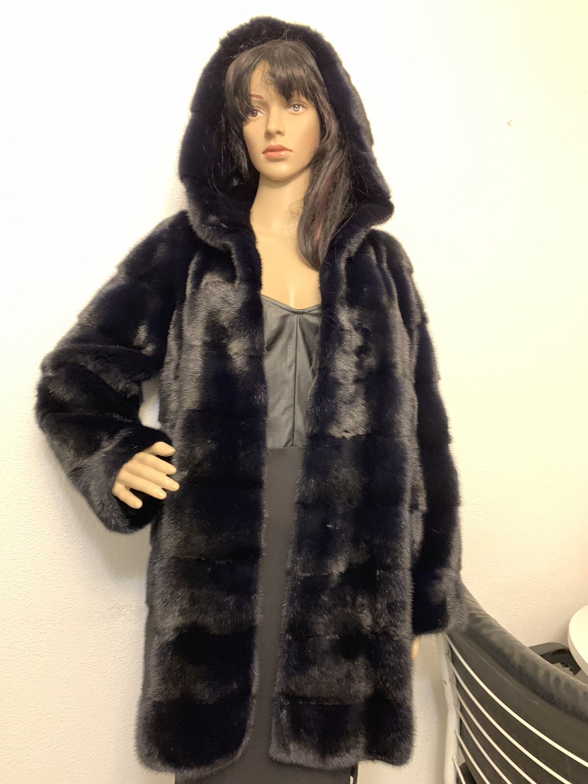 Splendido cappotto donna Yves Salomon orizzontale moderno visone navy con cappuccio giacca 36 S