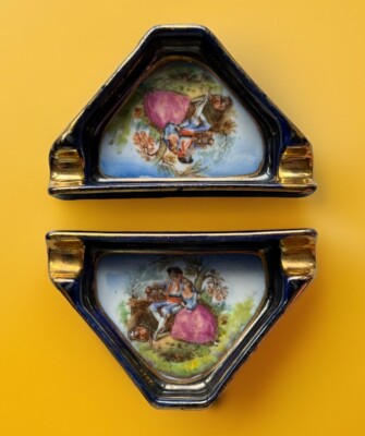 Cobalt Blue Gold Porcelain Ashtrays Set Of 2 Courting Couple Fragonard Style VTG