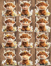 Floral Highland Cow Die Cut Vinyl Stickers Set Scrapbooking Laptop Waterbottle