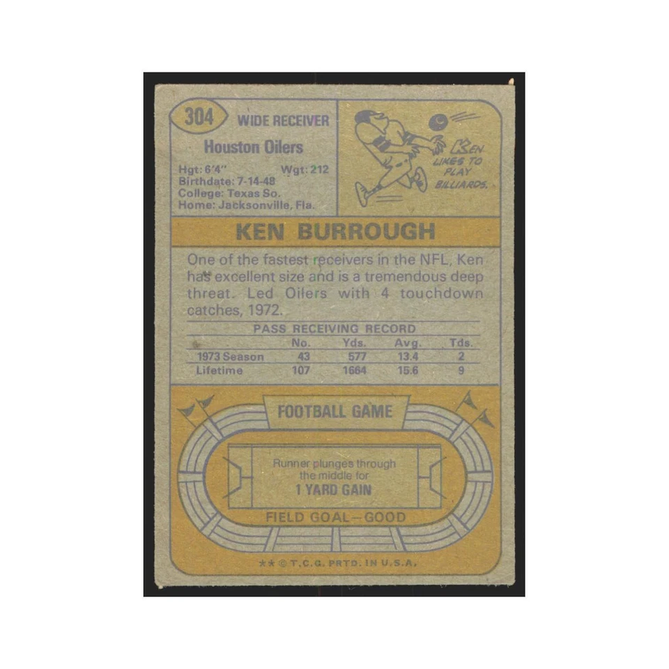 1974 Topps Ken Burrough Houston Oilers #304.0 - Image 2 of 3