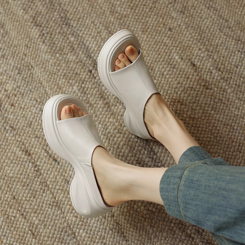 6Cm Open-toed Sandals Women's Soft Leather  Thick Bottom Summer Slippers