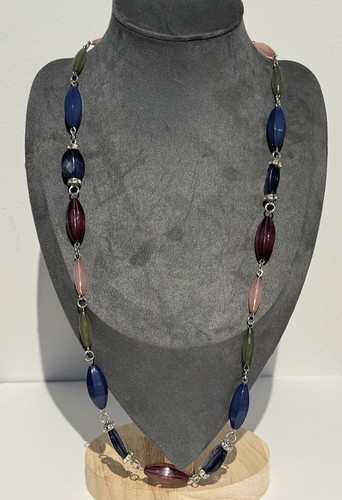 Vintage Necklace Silver Tone Links Multicoloured Plastic Beads Costume Jewellery