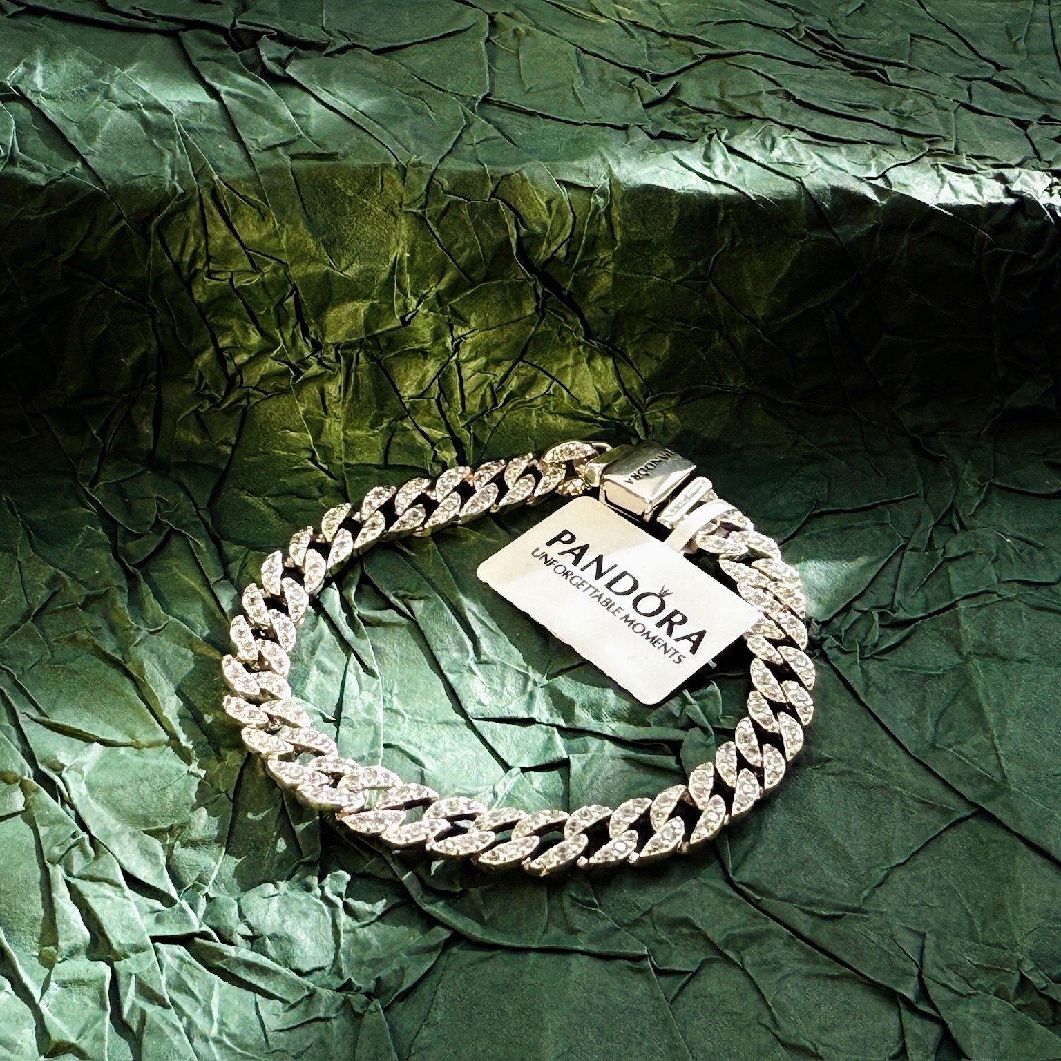 Pandora Timeless Authentic New Pavé Cuban Chain Sterling Silver Bracelet, 6.3 in