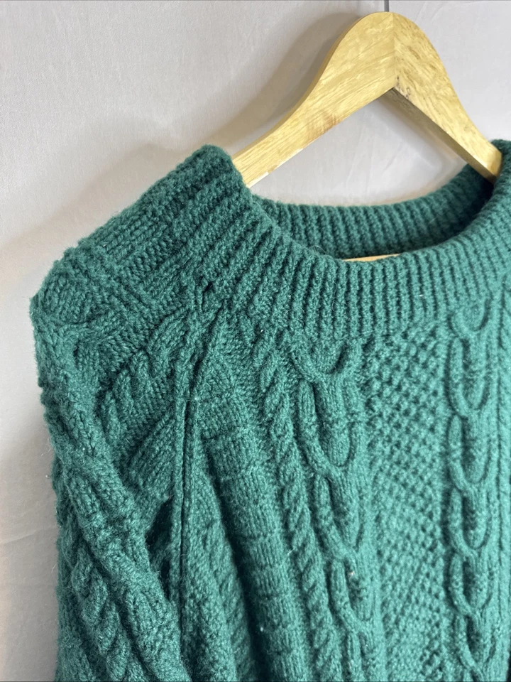 Suéter tejido a mano de lana con cable de pescador verde grueso tejido para hombre XL Foto 3 de 4